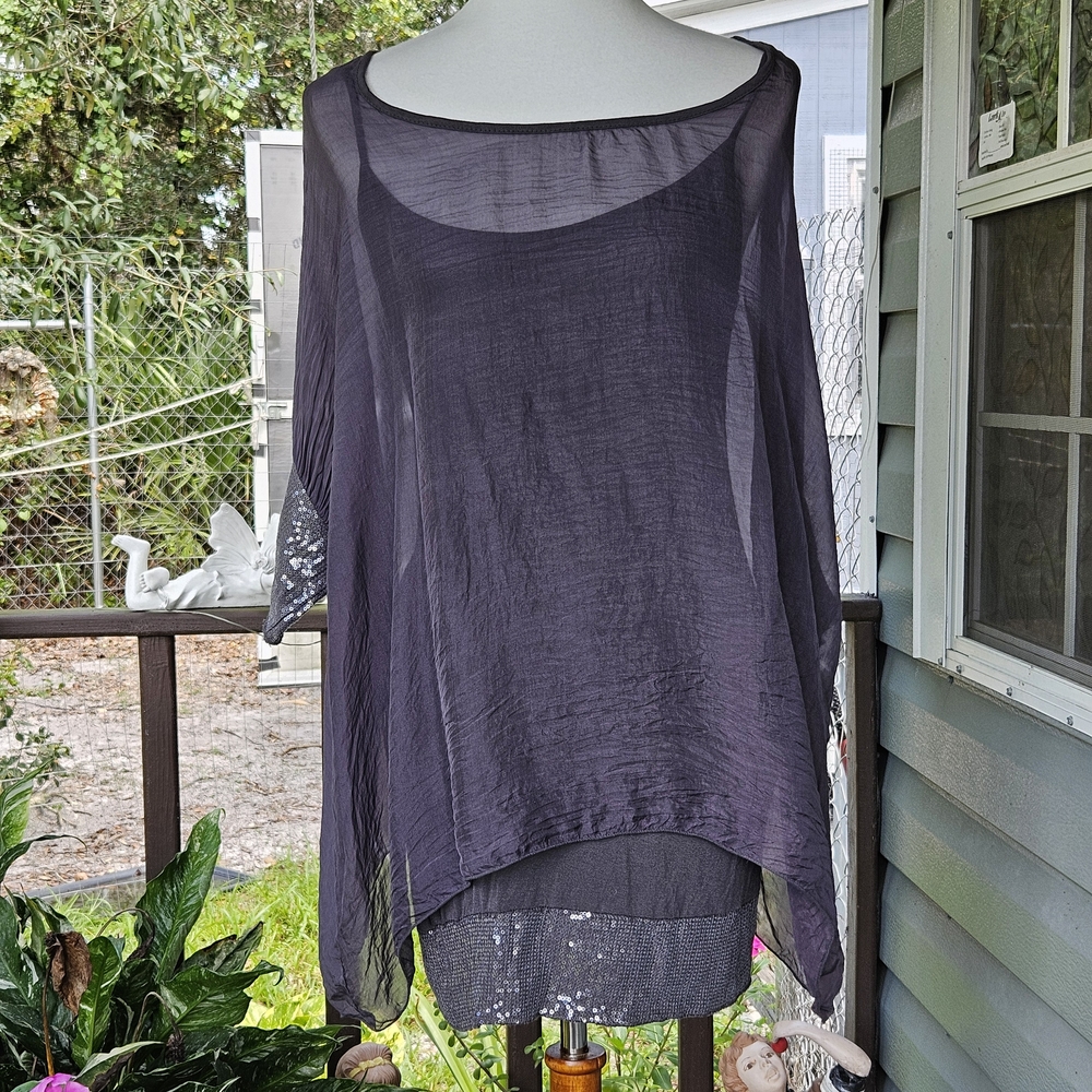 Nicole Italy Silk Charcoal Gray Layered Mini Tunic Dress S Sequin Hem Festival